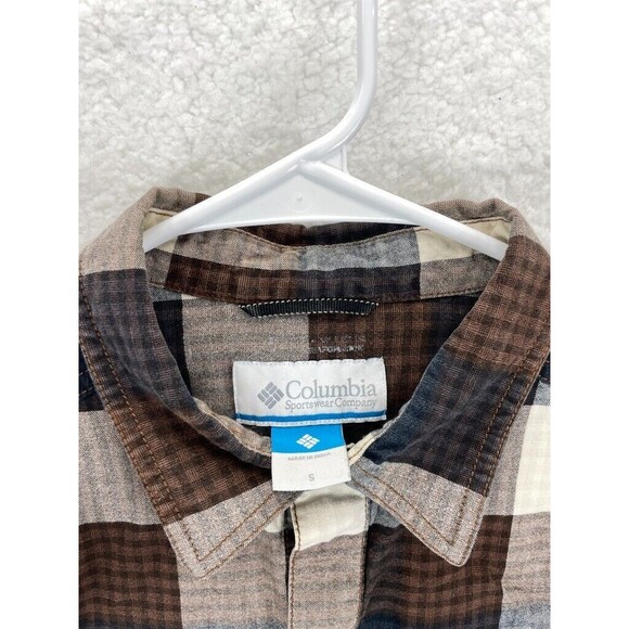 Columbia Shirt Mens Small Brown Gray Plaid Button Up‎ Long Sleeve Cotton - Picture 2 of 7